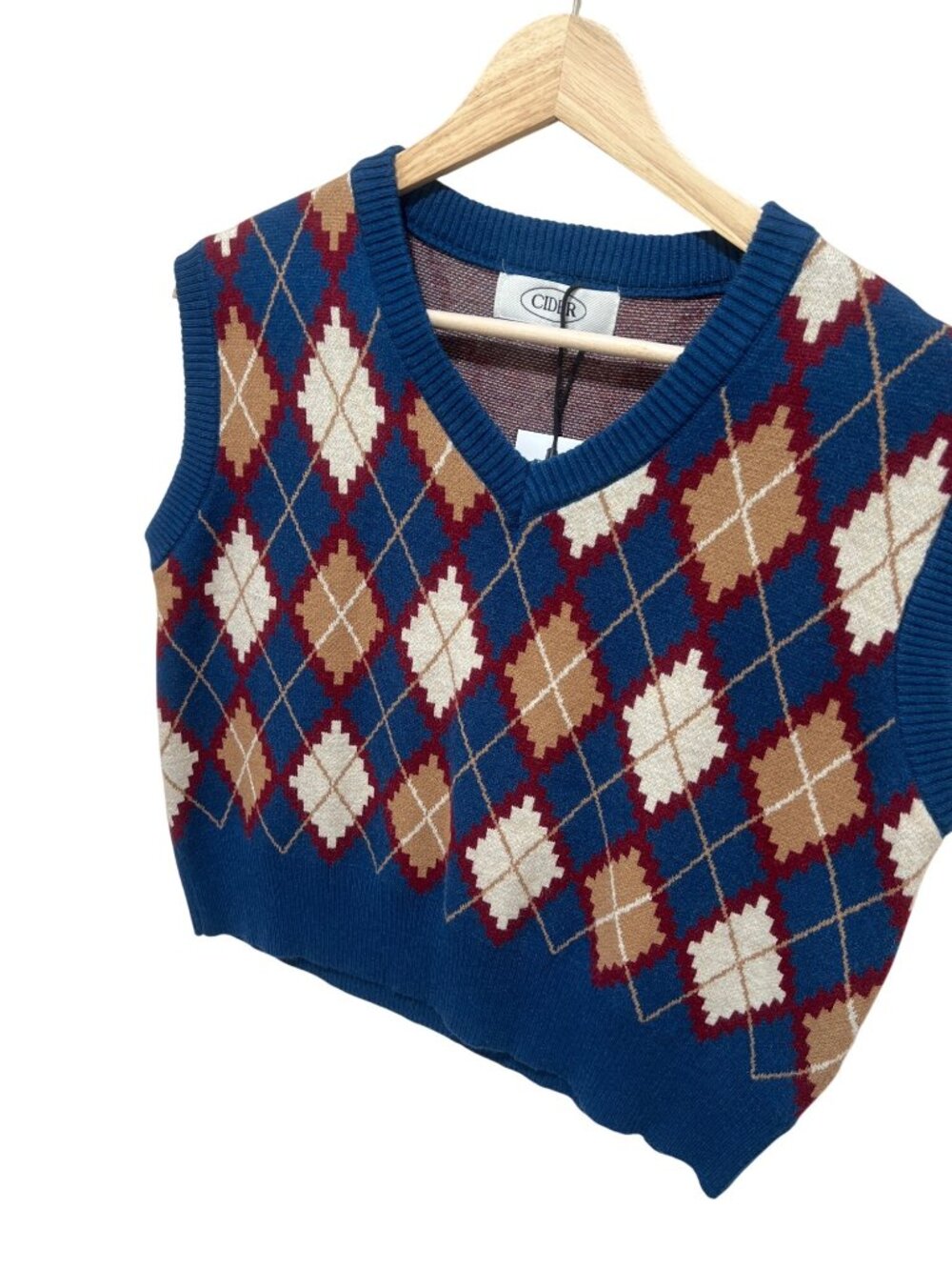 Retro Argyle Knit Sweater Vest By Cider NWT- Blue Beige & Burgundy Diamond Patte